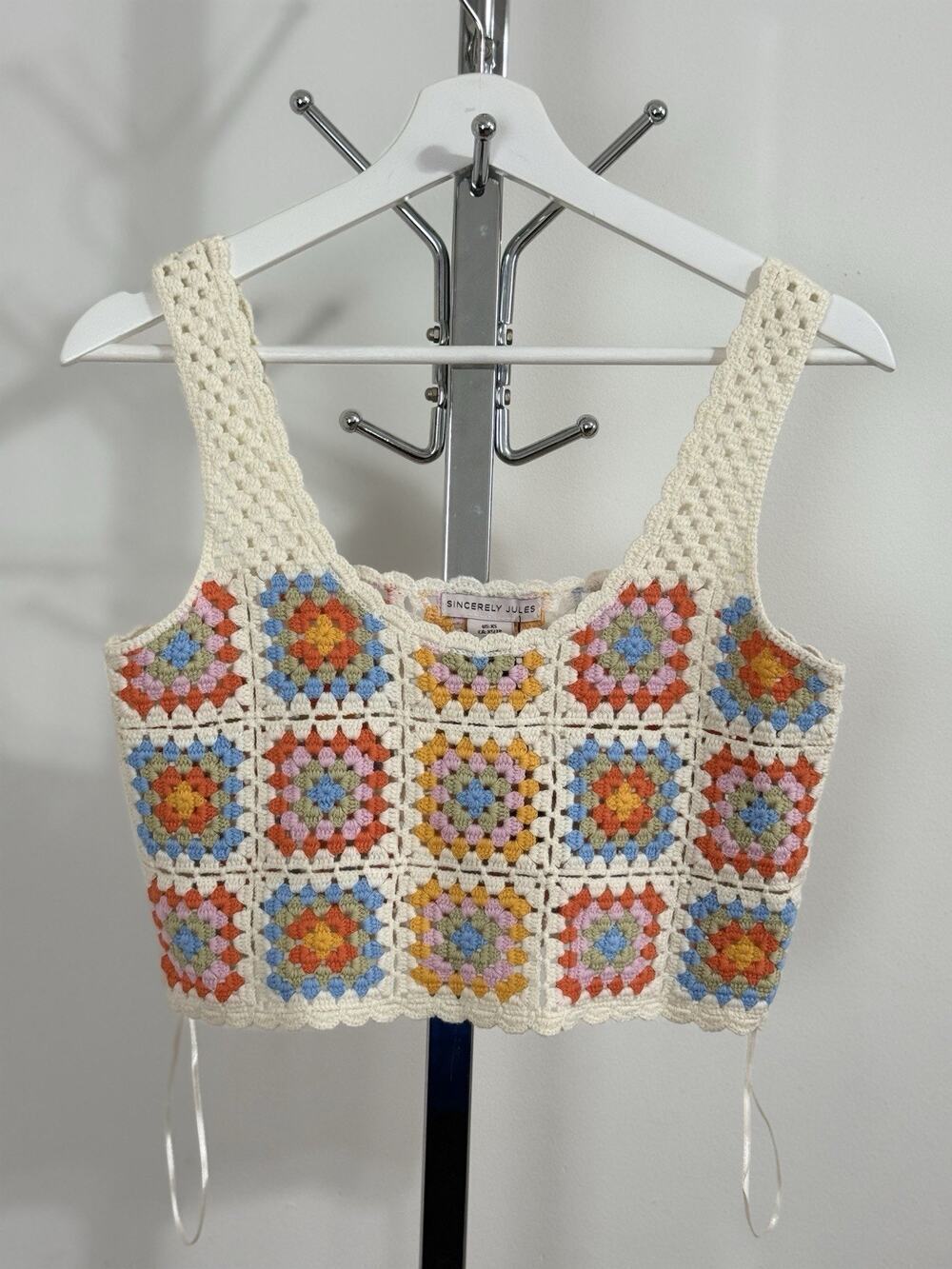 Crochet Granny Square Tank Top Sunburst Boho Scalloped Hem Festival Women XS NWT